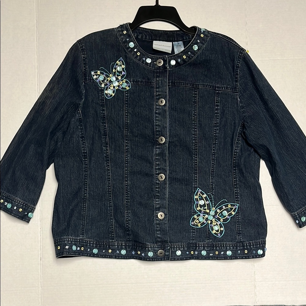Alfred Dunner Blue Jean Jacket with Embroidery and Studded Beads Size 16P Art